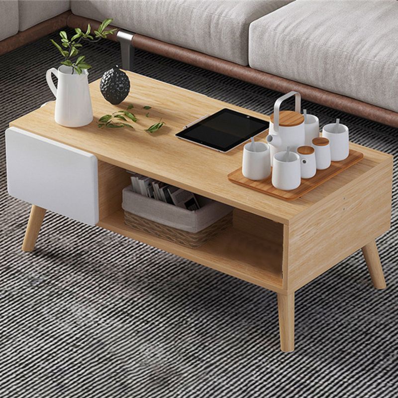 Modern Rectangle Wooden Coffee Table 4 Legs Cocktail Table with Storage