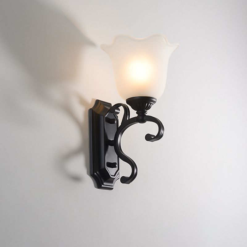 Frost Glass Black Wall Light Fixture Flower Shaped Vintage Wall Mounted Lamp for Bedroom