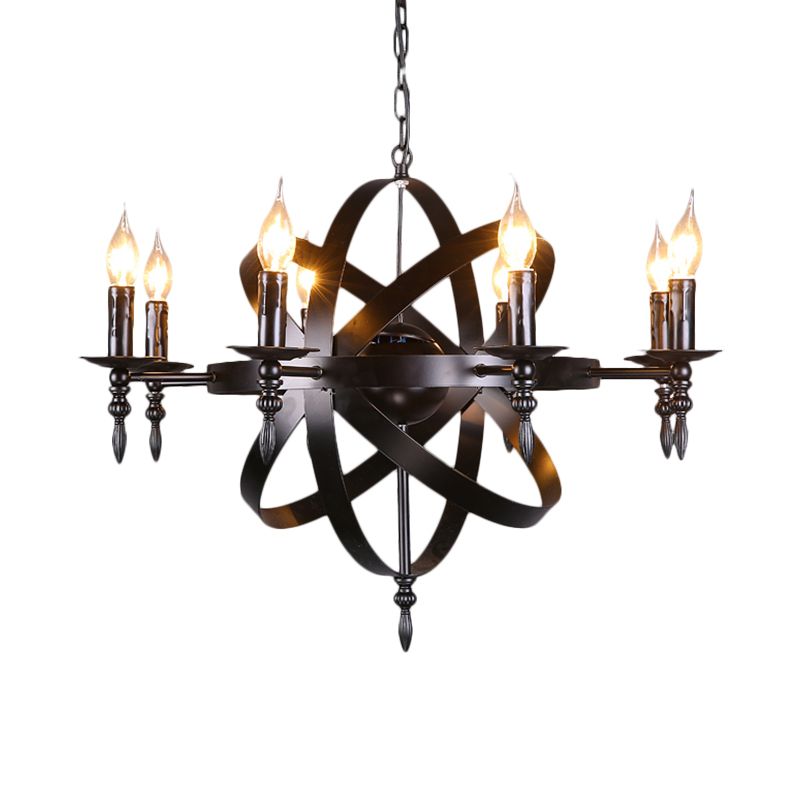 Candle Metallic Chandelier Light Fixture with Spherical Cage Shade Vintage 6/8 Heads Restaurant Ceiling Light in Black/Rust