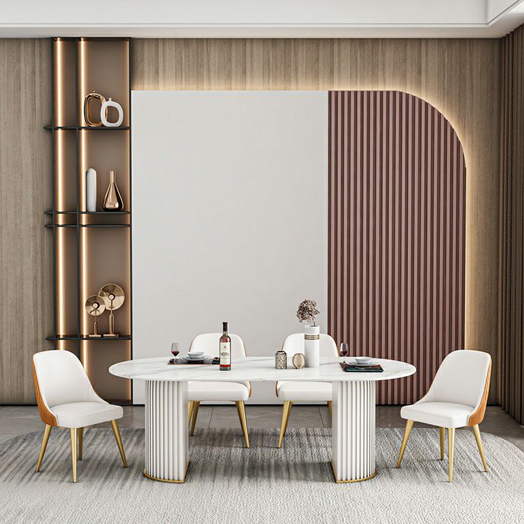 Ovale gesinterde steen witte toon eettafel moderne dubbele voetstuk tafel voor eetkamer