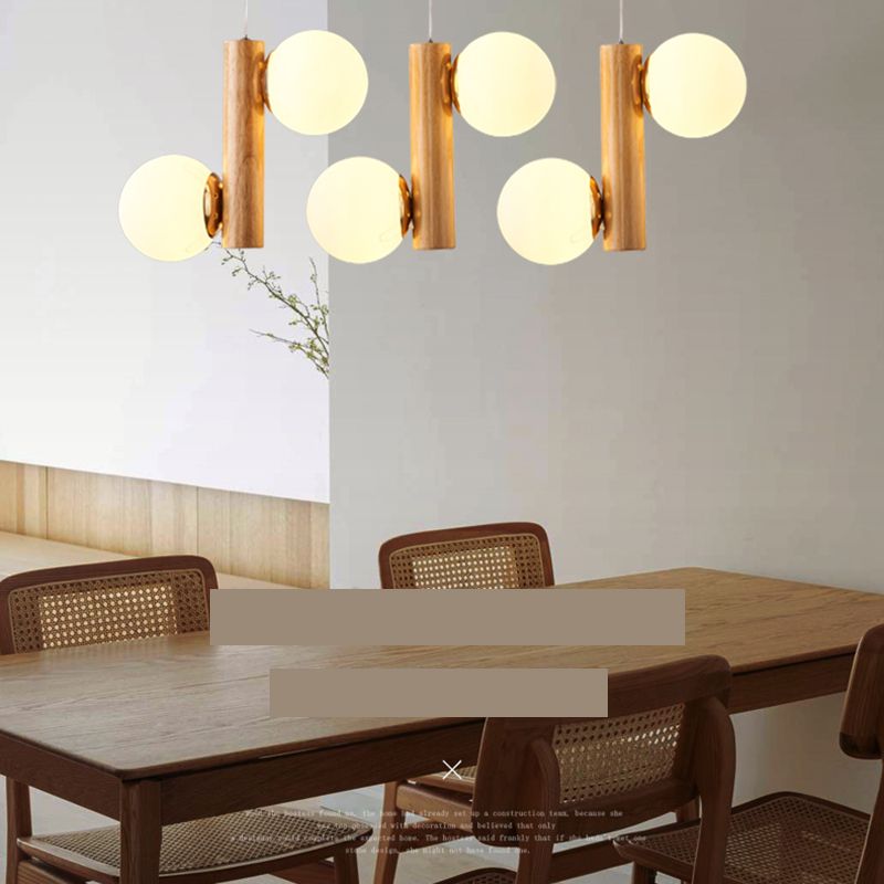 Glass Globe Pendant Chandelier Nordic Wood Hanging Light for Dining Room