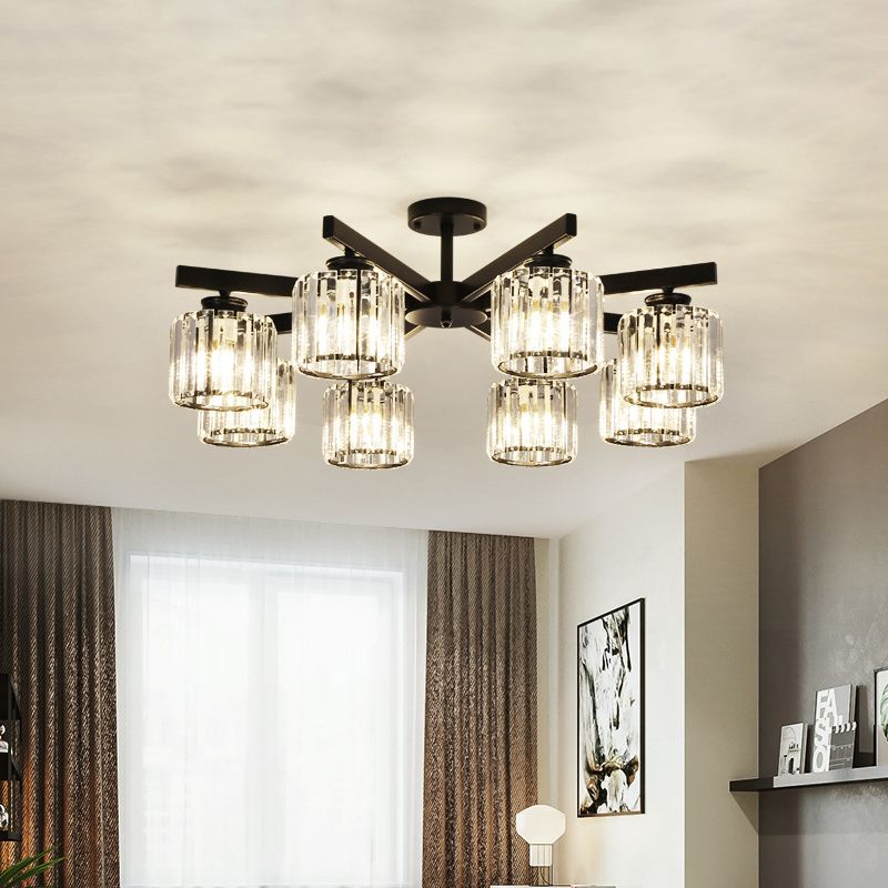 8 Heads Living Room Semi Flush Mount Minimalist Black Close to Ceiling Light with Cylinder Crystal Shade