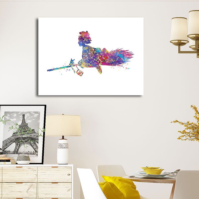 Purple Witch and Mop Canvas Textured Surface Cartoon Sitting Room Wall Art