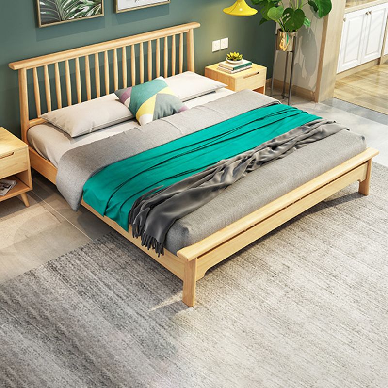 Scandinavian Spindle Headboard Bed with Open-Frame and Wooden Legs