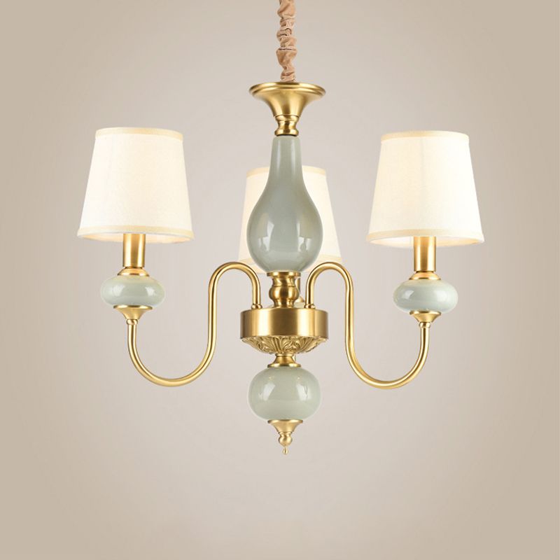 Brass Swooping Arm Chandelier Lighting Fixture Classic Metal 3 Lights Dining Room Hanging Lamp with Cone Fabric Shade