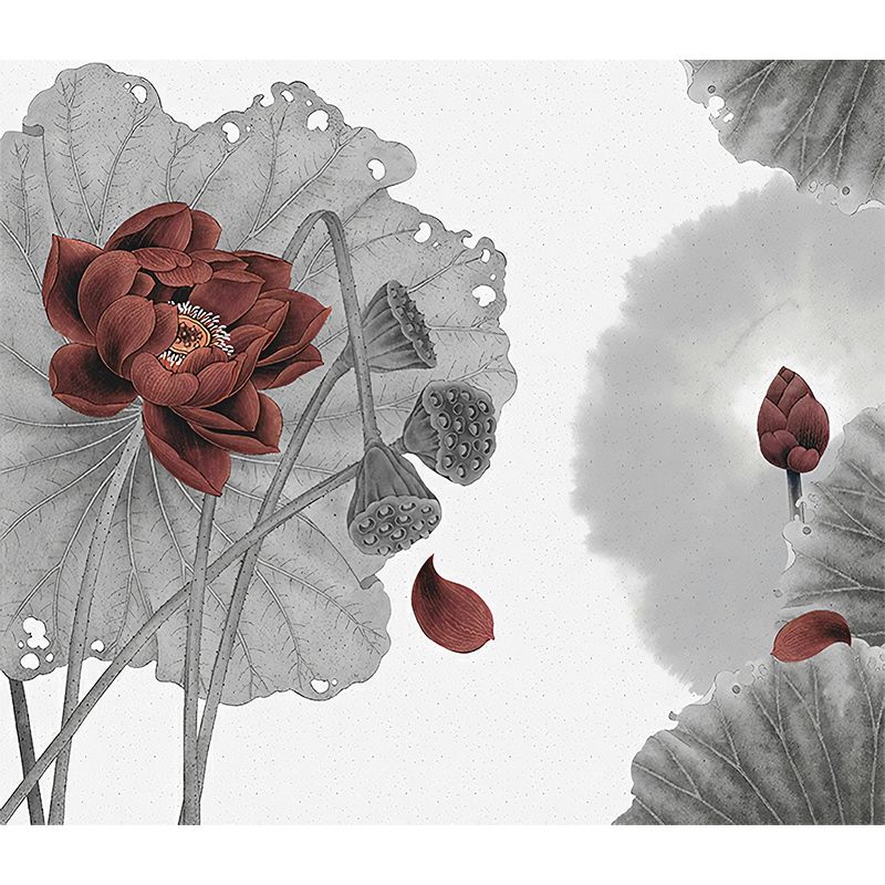 Lotus Print Murals Wallpaper Grey and Red Asian Style Wall Covering for Bedroom Decor