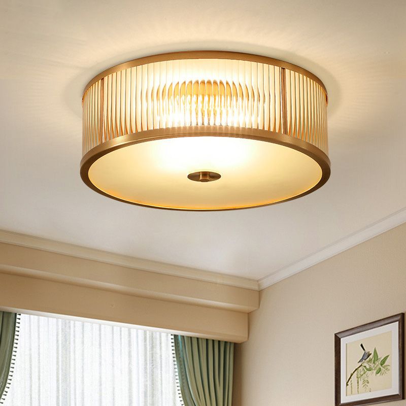 Lampada da soffitto circolare da incasso in vetro rigato Illuminazione coloniale da incasso in oro per camera da letto