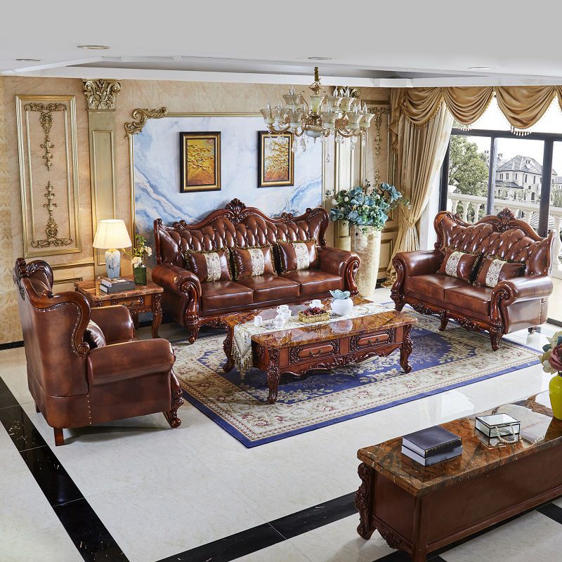 Traditional Tufted Split-Back Seating Flared Arm Sofa with Pillows in Brown