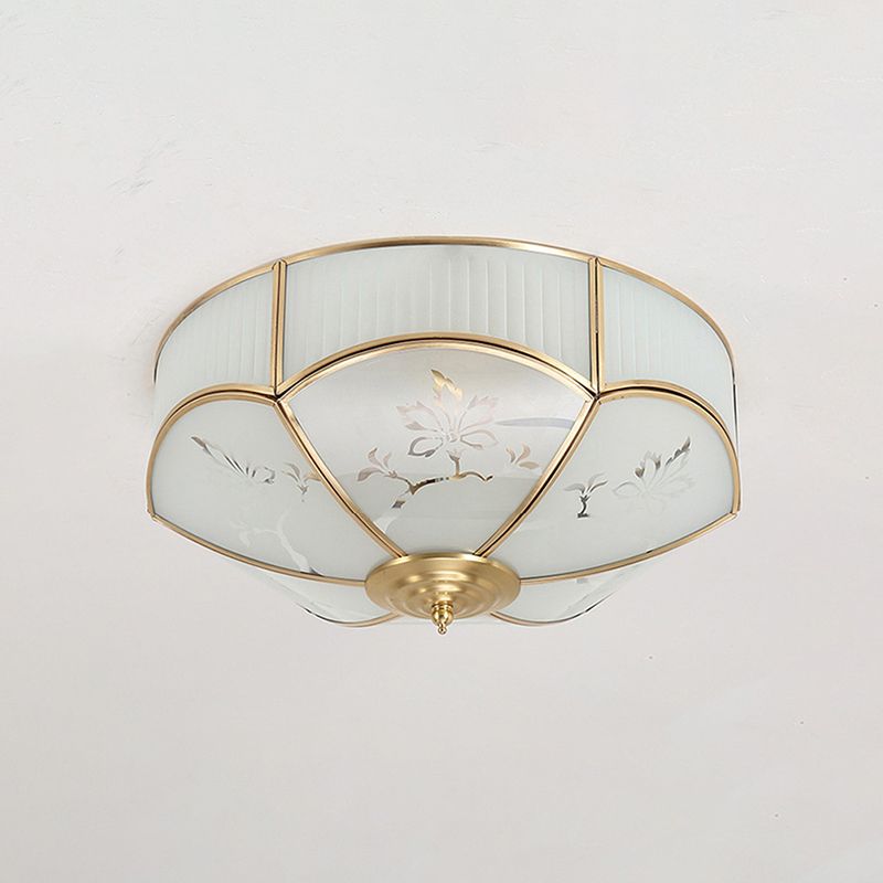 Gold Bowl Ceiling Light in Colonical Luxury Style Copper Flush Mount with Printing Glass Shade