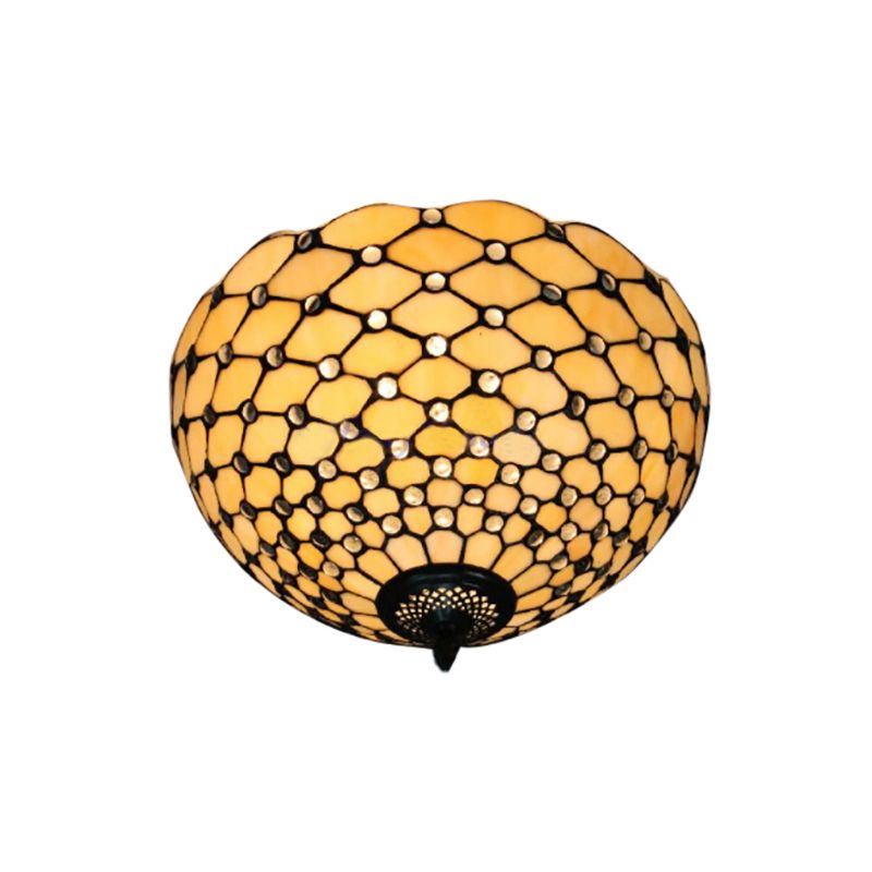 Beige / Black Bowl-Shaped Ceiling Light Fixture Tiffany Stained Glass 1/2 Lights Flushmount Ceiling Light