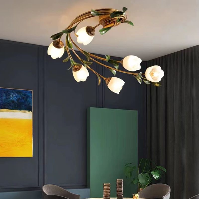 American Style Ceiling Light Flower Shape Ceiling Lamp with Glass Shade for Living Room