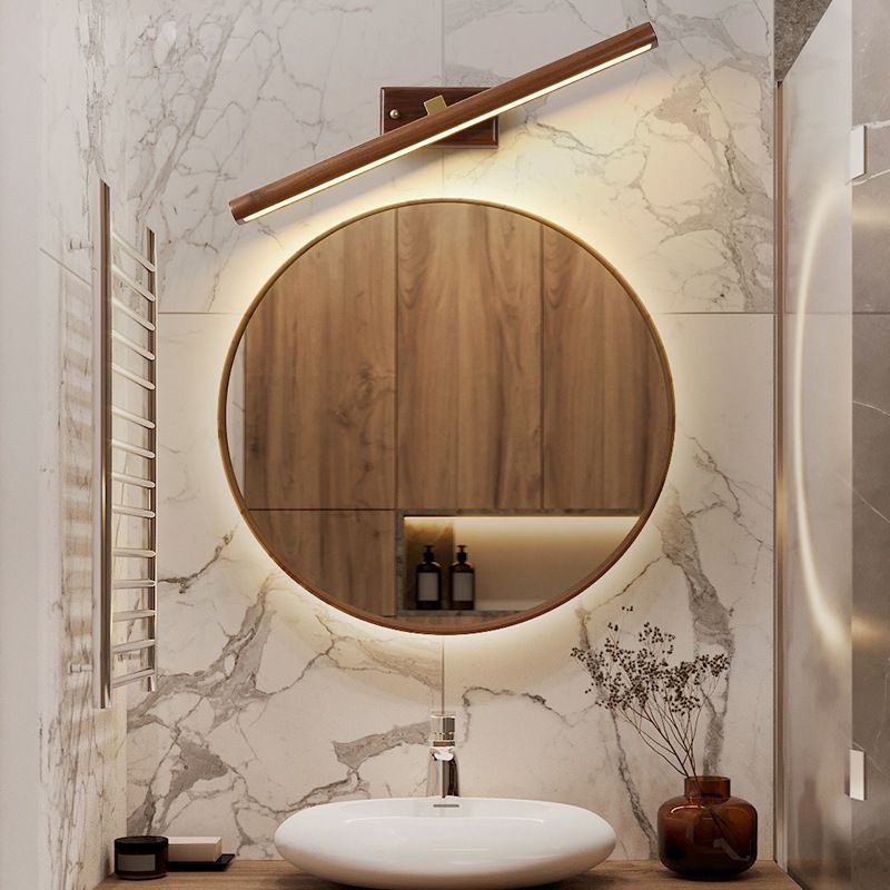 Wood Linear Shade Wall Sconce Modern 1-Light Mirror Wall Wall Lighting Fixtures in Brown