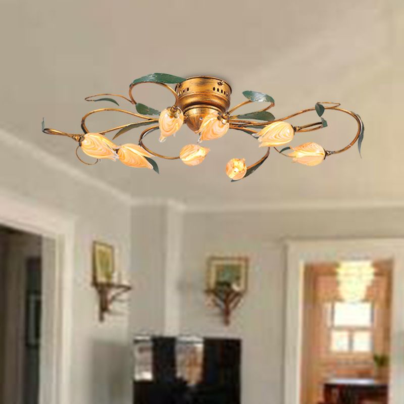 8/15 Heads Ceiling Mounted Fixture American Garden Bedroom LED Semi Flush Light with Tulip Frosted Glass in Brass