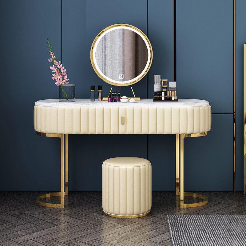 Glam Stone Top Oval Vanity Table with Metal Base Makeup Dressing Table