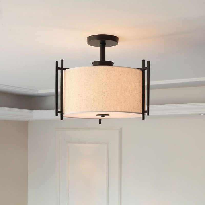 1 Tambour léger Semi-Flush Light Flaxen tissu Ceiling Fixture de plafond pour la salle de séjour
