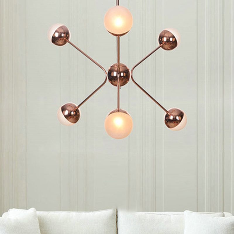 6 Lights Bedroom Hanging Ceiling Lamp Contemporary Rose Gold LED Chandelier with Modo Amber Glass Shade