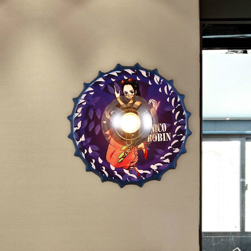 Metal Bottle Cap Sconce Lighting Vintage 1-Light Corridor Wall Mount Lamp Fixture in Red/Black/Blue with Princess Pattern