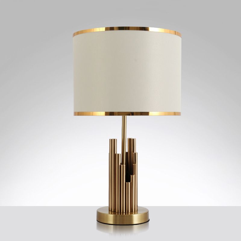 Round Shade Study Room Table Lighting Minimalist Fabric 1-Light Brass Nightstand Lamp
