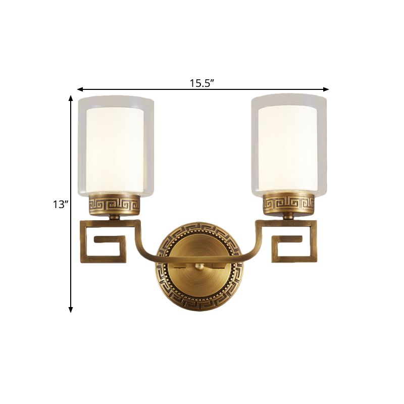 2 Bulbs Wall Sconce Light Traditional Dual Cylinder Clear and White Glass Wall Mount Lighting in Brass