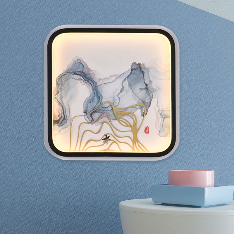 Metal Riverside Mountain Mural Éclairage de style chinois LED carré LED MOUR MOUR MONT