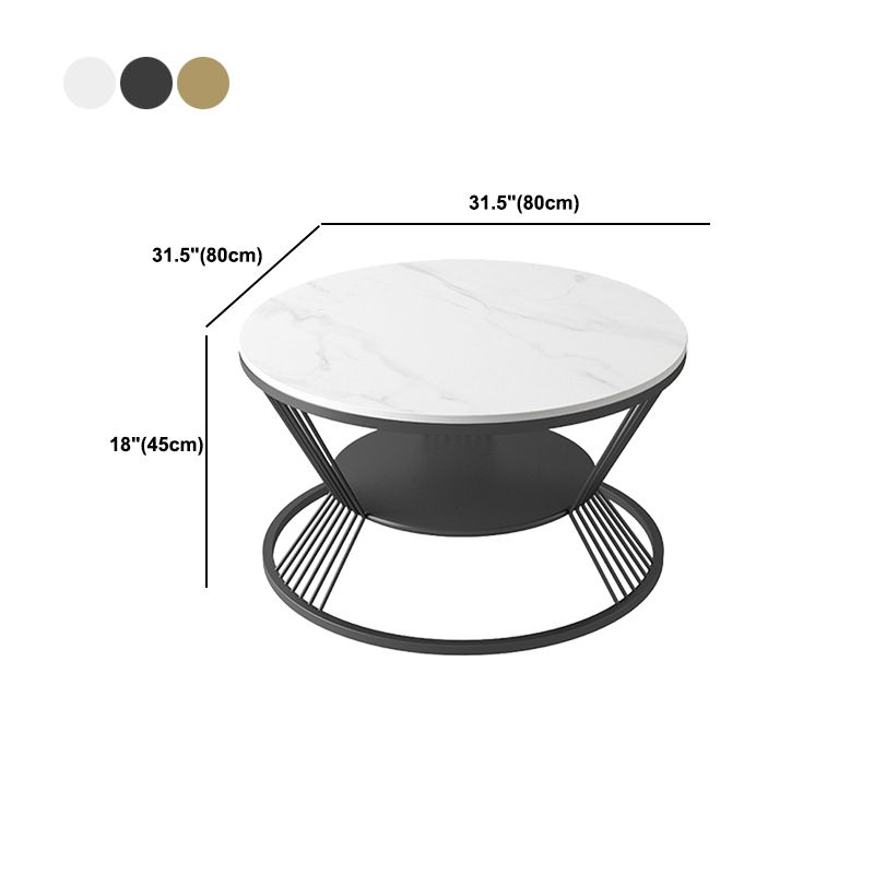 Glam Round Stone Top Coffee Table with Steel Shelf and Frame Base