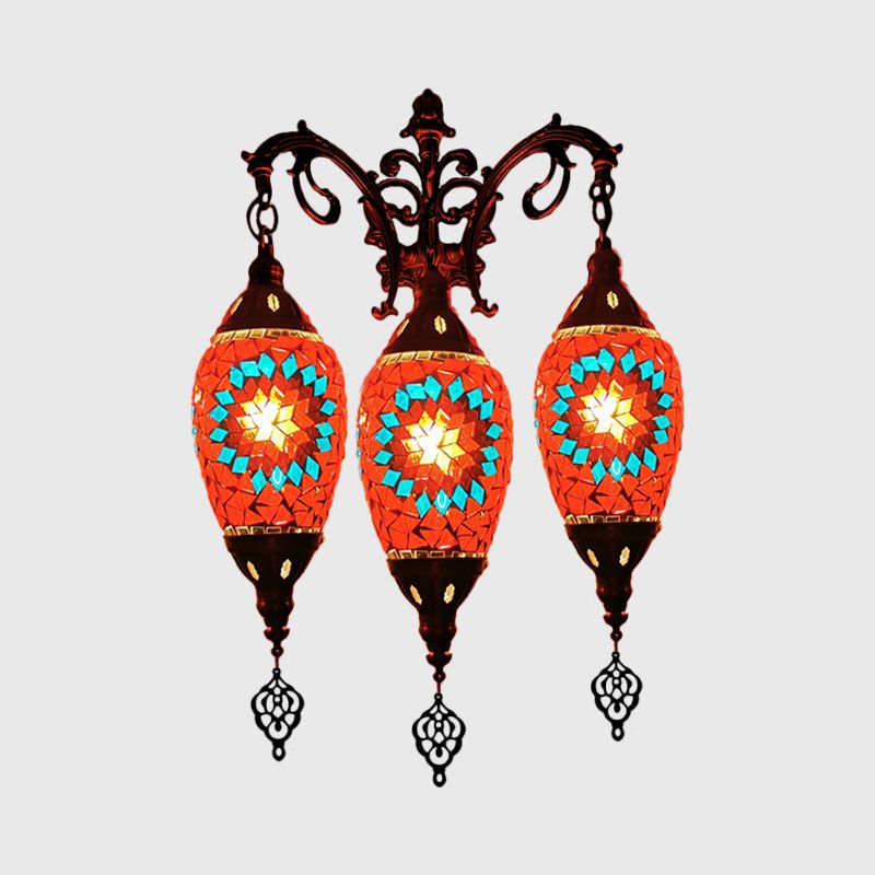 Traditional Oval Wall Mounted Lamp 3 Heads Stained Art Glass Sconce Light in White/Red/Light Blue