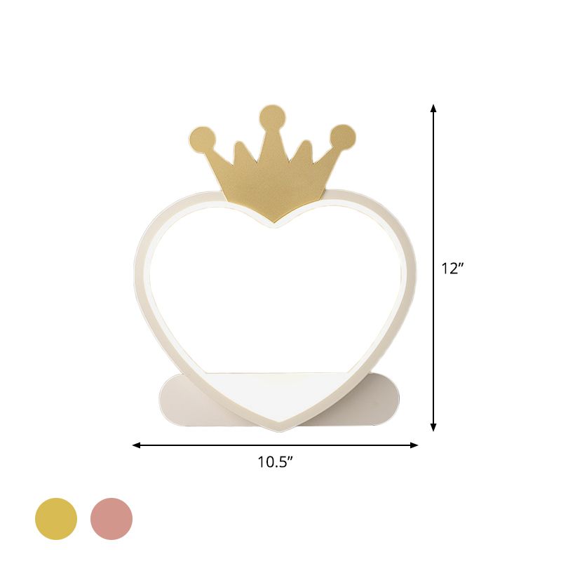 Cartoon Heart Wall Sconce Lighting Acrylic LED Nursery Wall Mount Lamp with Gold/Pink Crown Design