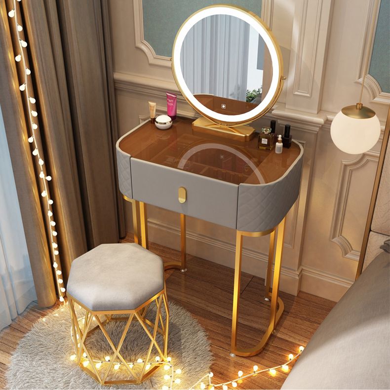 Glass Top Makeup Vanity Desk Bedroom Dressing Table Stool Set with Drawer