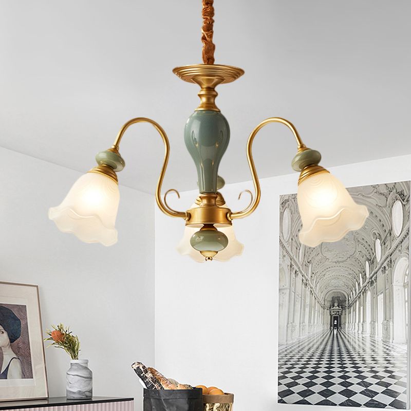 Green Flower Shaped Pendulum Light Rural Frosted Glass 3/5/6 Bulbs Guest Room Chandelier Lighting Fixture