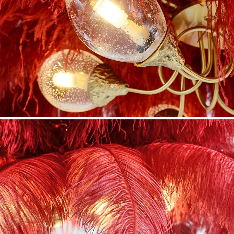 Ostrich Feather Ceiling Chandelier Modern Nordic Creative 6 Light Hanging Ceiling Light for Bedroom