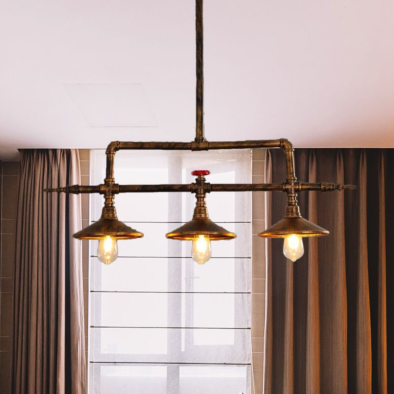 3 Lights Bell Shade Island Lighting Industrial Rust Iron Hanging Ceiling Lamp with Water Pipe Design