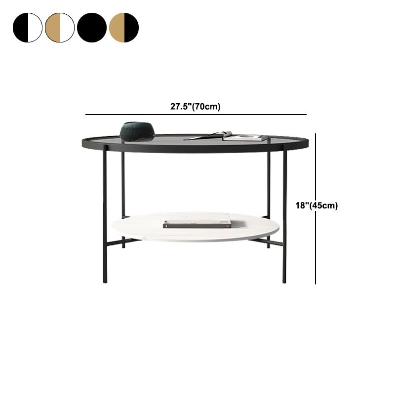 Modern Style Round Glass Table Plate Metal 4 Legs Base with Storage Rack Coffee Table