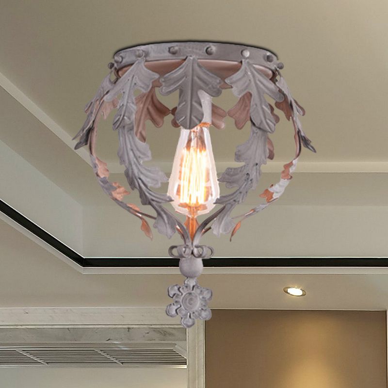 Single Inverted Leaf Crown Flush Light Rustic Grey/White/Gold Metal Ceiling Mounted Lamp for Corridor