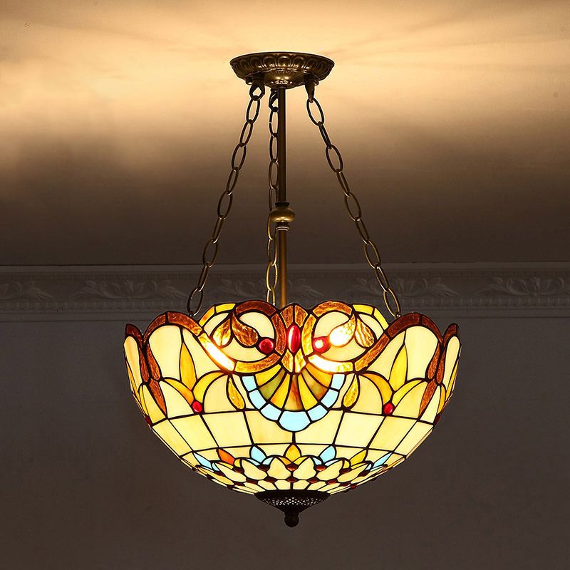 Bowl Shade Suspension Lighting Stained Art Glass Tiffany-Style Pendant Ceiling Light