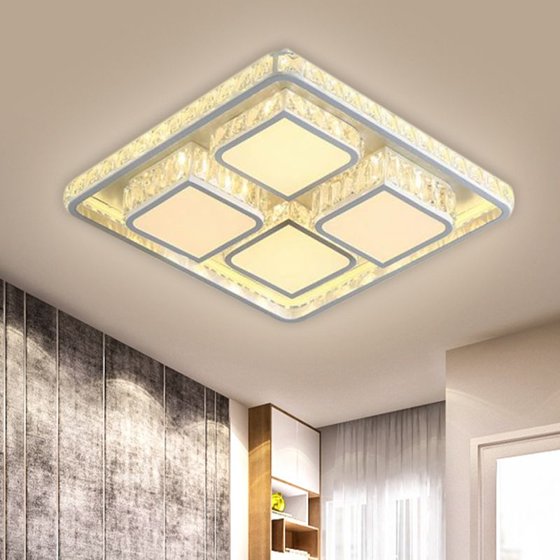 Faceted Crystal Square Ceiling Lighting Contemporary LED White Flush Mount Fixture in Warm/White Light