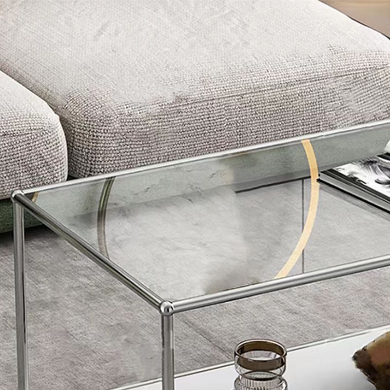 Rectangular Steel Coffee Table Modern Glass Top Cocktail Table with Floor Shelf