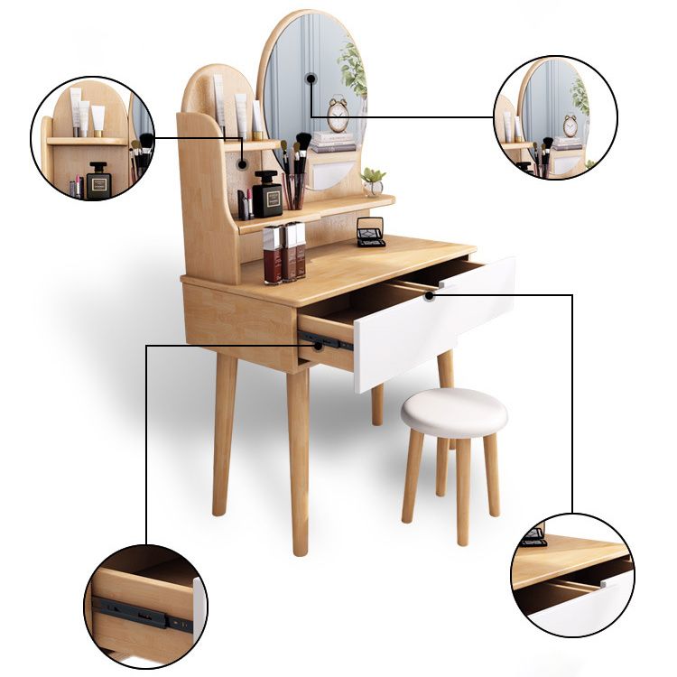 Solid Wood Dresser Scandinavian Vanity Set with Stool and 2 Drawers