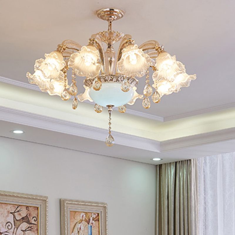Vintage Floral Chandelier Pendant Light Ribbed Ruffle Glass Hanging Light with Crystal Accent