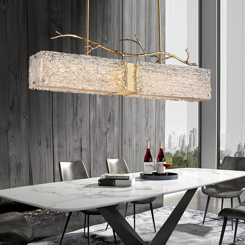 2-Light Island Light Modern Style Rectangular Shape Glass Pendant Lighting in Gold