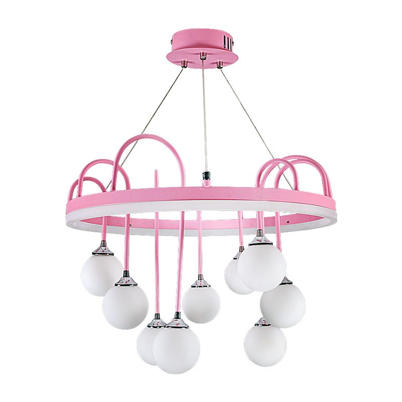 Rounded Hanging Lamp Kids Metal 9-Light Pink Chandelier Lighting with Frosted Glass Shade