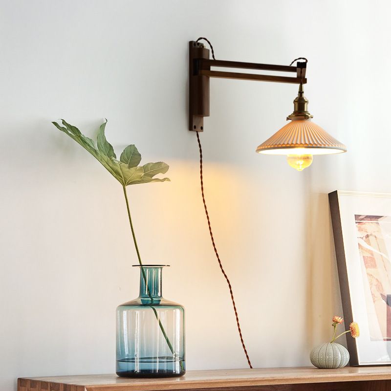 Wooden 1-Light Wall Light in Modern Minimalist Cone Shape Wall Lamp for Bedroom