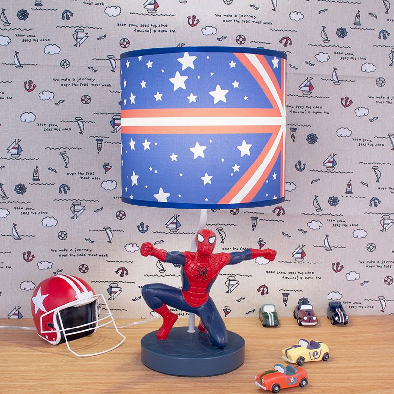 Lampada da comodino a tamburo in tessuto per bambini, 1 lampadina, illuminazione da comodino in blu con motivo a stella per la scuola materna
