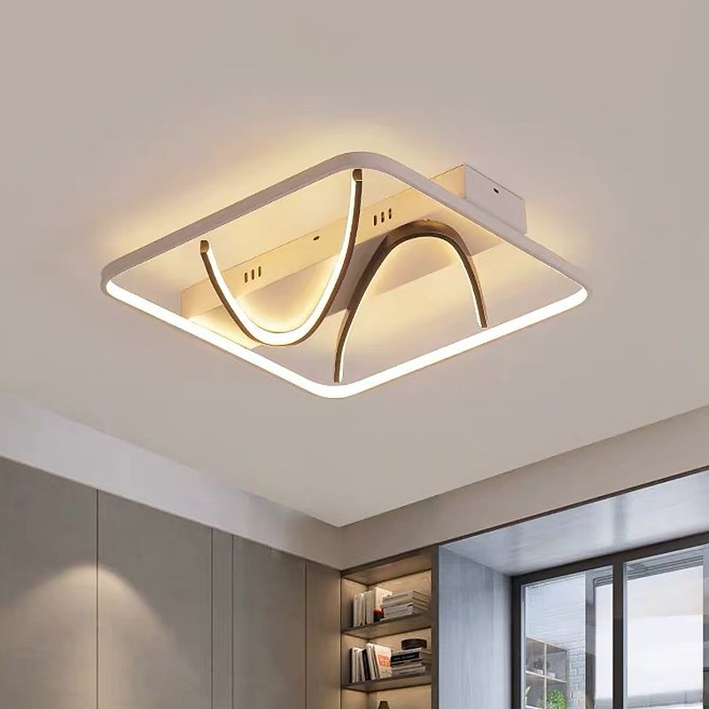 Square Frame Bedroom Flush Mount Silica Gel Modern LED Ceiling Light with Dual Curved Line in Black-White, Warm/White Light