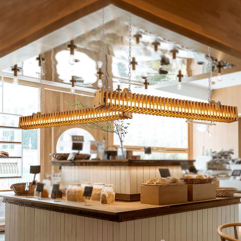 Modern Metal Ceiling Light Rectangle Shape Island Light with Wood Shade for Living Room