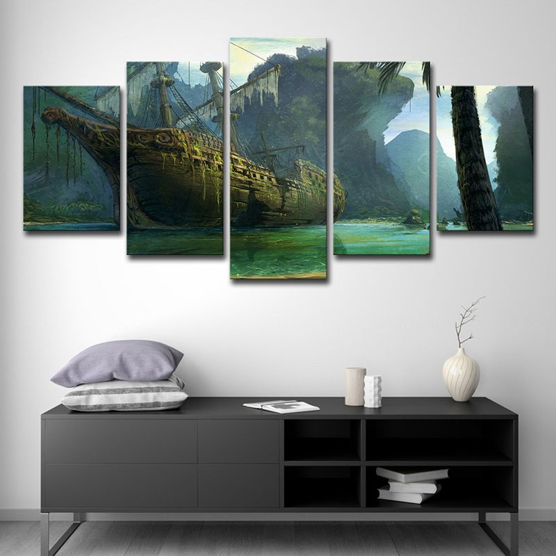 Green Shabby Sailboat Canvas Print Fantasy Kids Style Multi-Piece Wall Art for Home