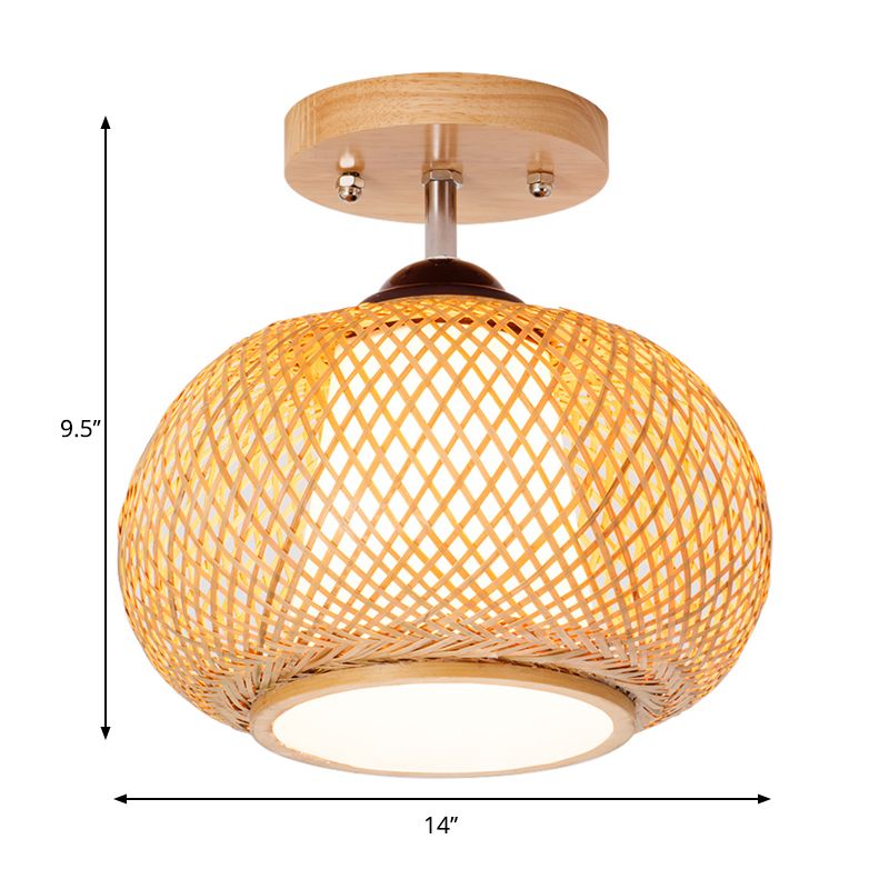 10 "/14" /16 " Lantern Wide Lantern Semi Flush Mount Traditional Bamboo Wood 1 Bulb Flush Mount Ceiling Fixture