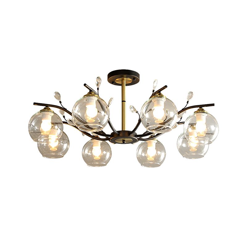 Sahne/klares Glas Global Semi Flush Mount Moderne 8-Bulb Schwarz und Goldspülendedecke mit Kristallakzent