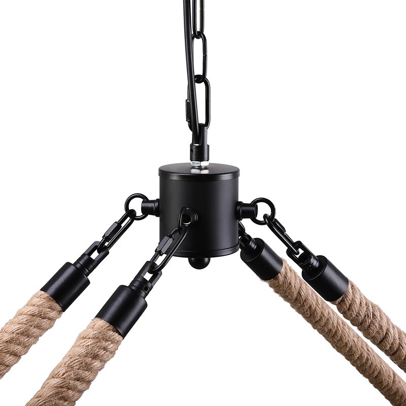 10/16 Bulbs Chandelier Lighting Loft Style Rectangular Frame Metal Pendant Lighting with Rope Detail in Black