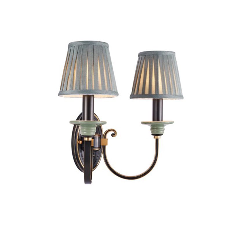 Metal Arched Wall Light Contemporary 1 Head Black Sconce with Tapered Pleated Fabric Shade