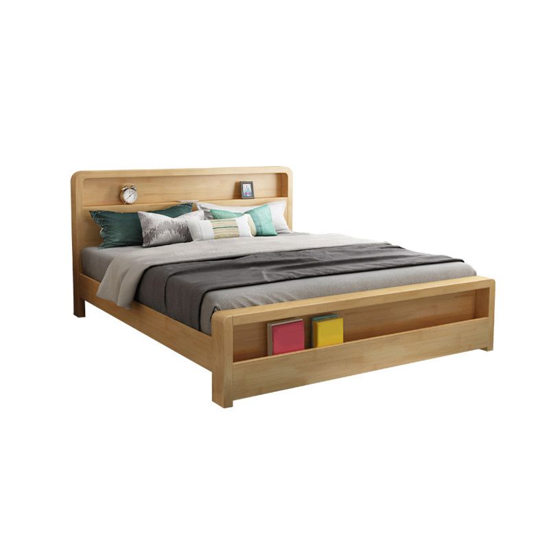 Traditional Standard Bed Pine Wood Panel Rectangular Bed Frame in Natural and Walnut